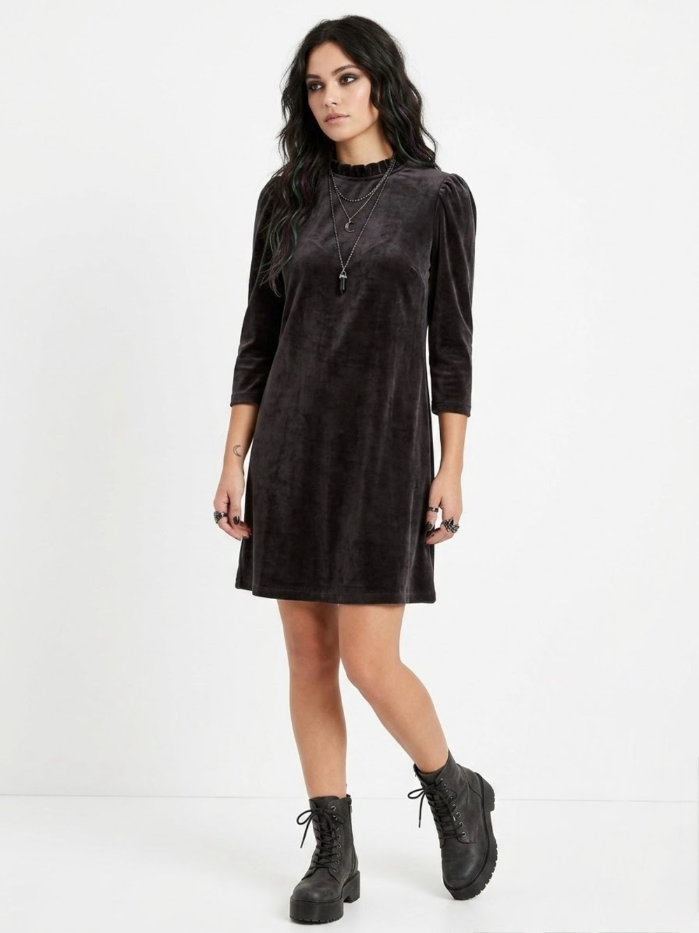 Charcoal Black Velvet Ruffle High Neck Mini Dress M
